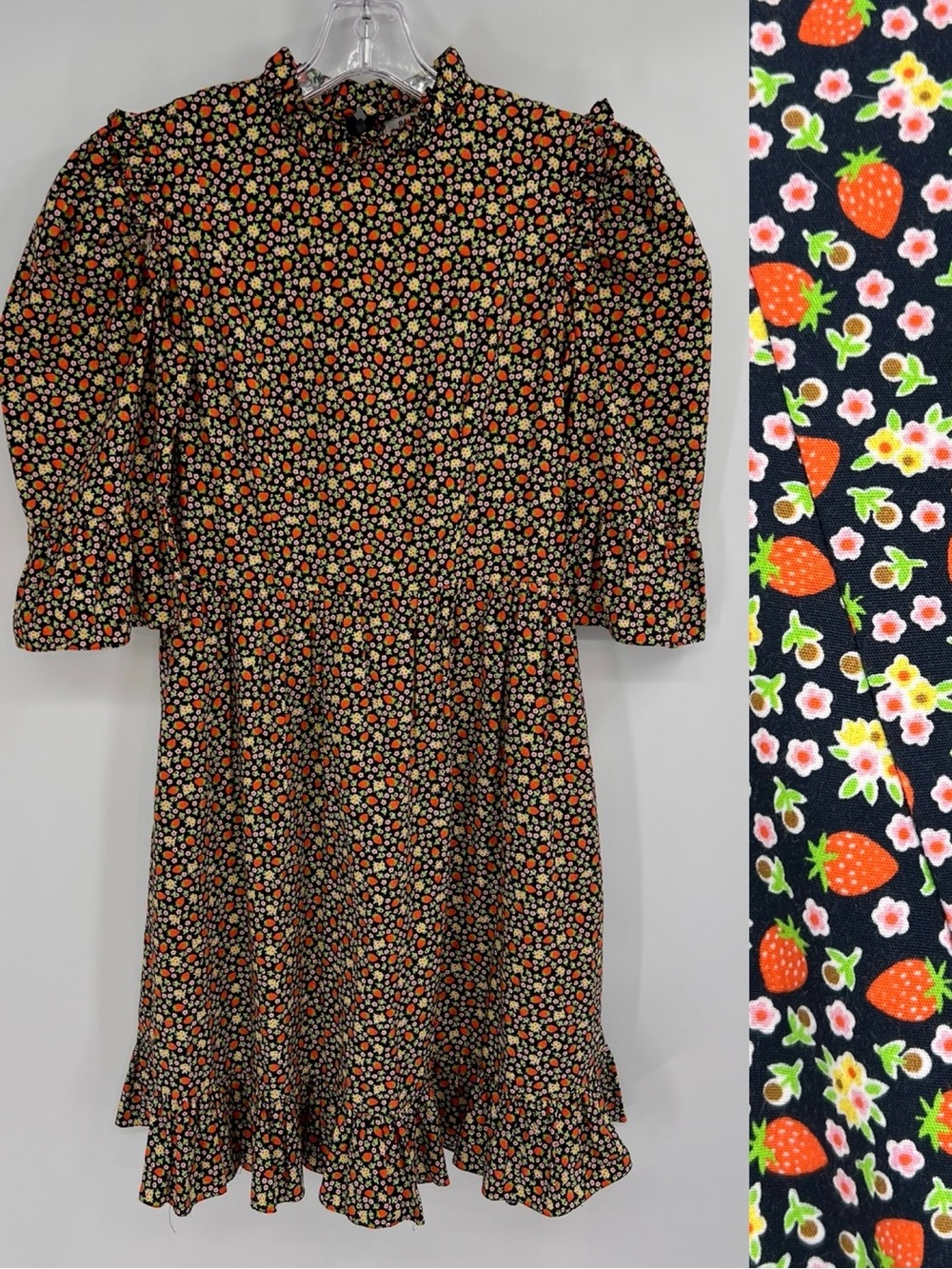 Batsheva Prairie dress novelty print Strawberry floral black Dress 6
